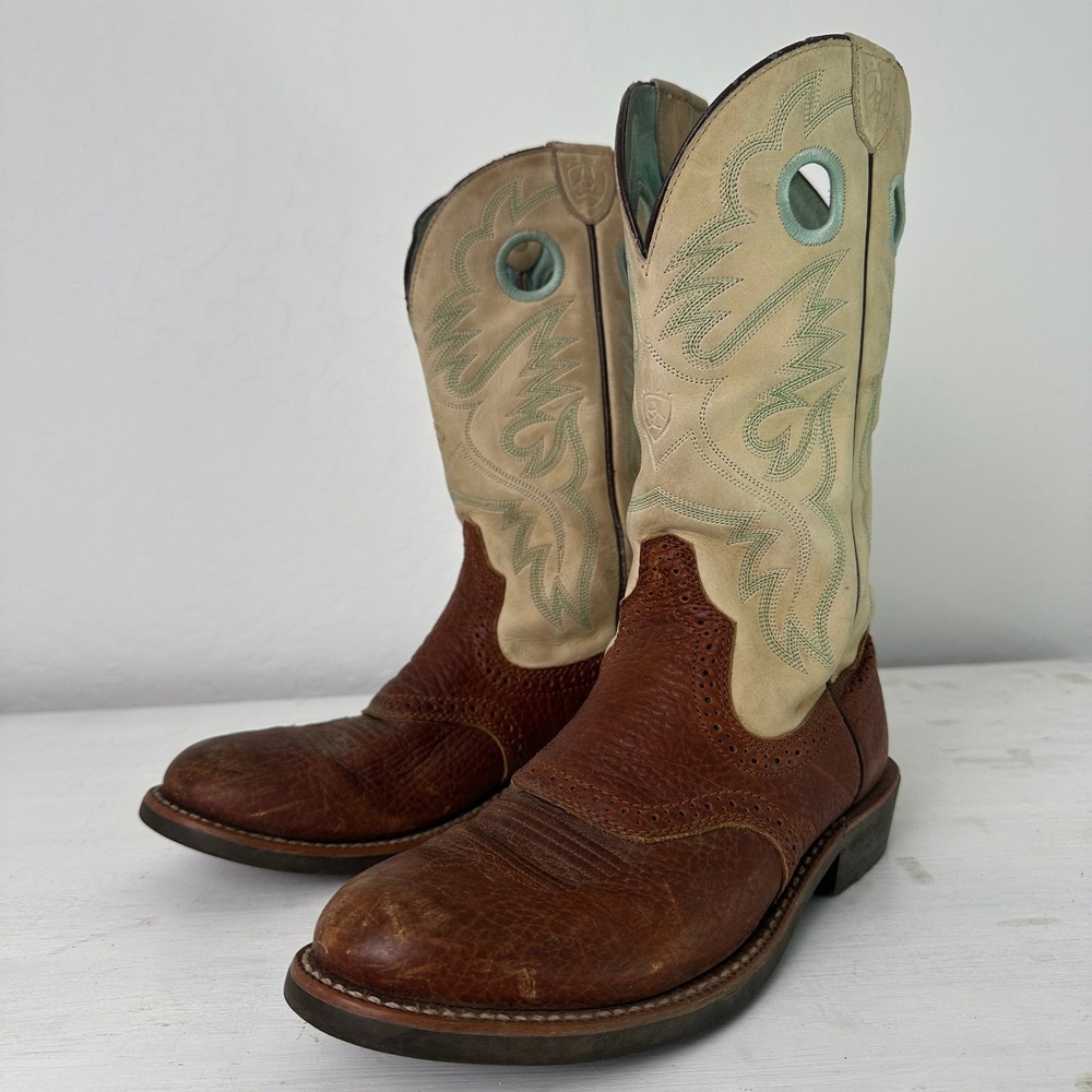 Ariat Cowboy Boots Womens 7.5B 10004835 Brown Cream Stitched Leather Western